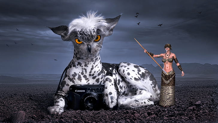 photo of black Camera with white and black animal and woman holding stick 3D illustration
