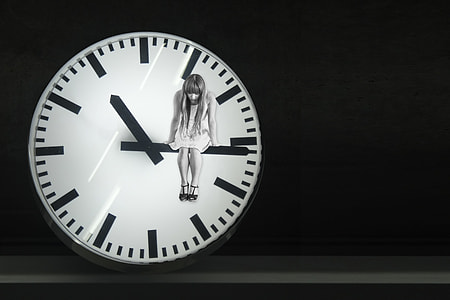 woman sitting on clock arm illustration