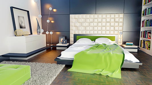 green comforter on white bed