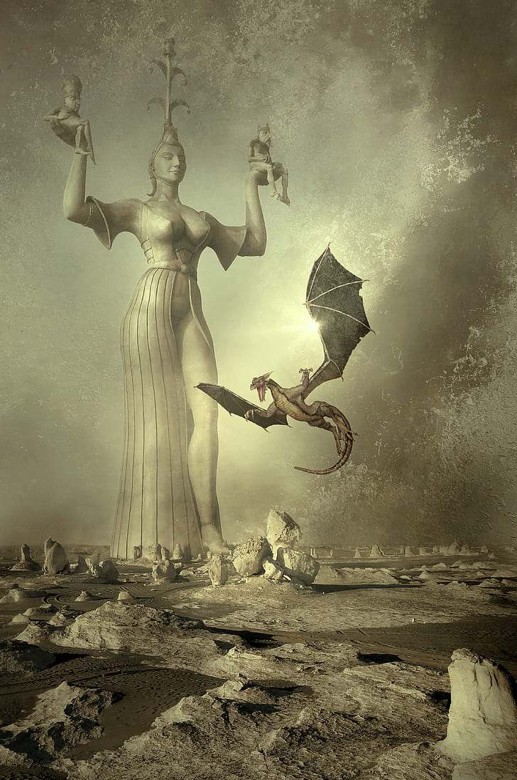dragon flying near statue illustration