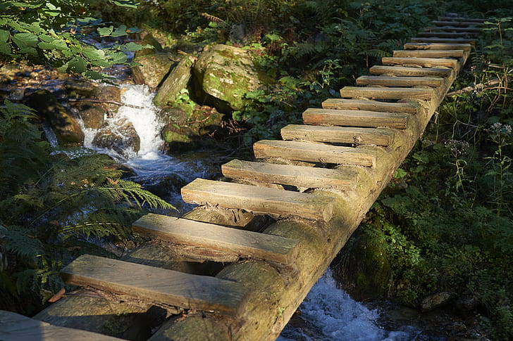 waterfalls with brown wooden bridge