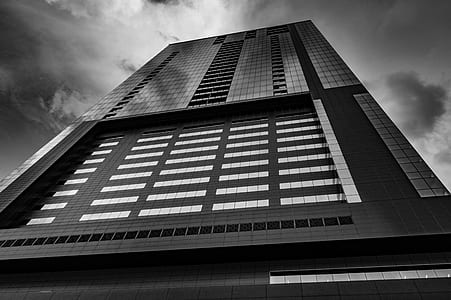 low-angle grayscale photo of curtain wall building