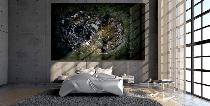 multi-colored abstract painting mounted on gray wall