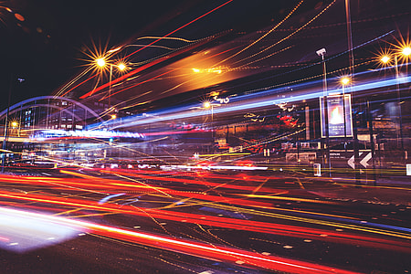 City traffic light trails in a long exposure night shot in London