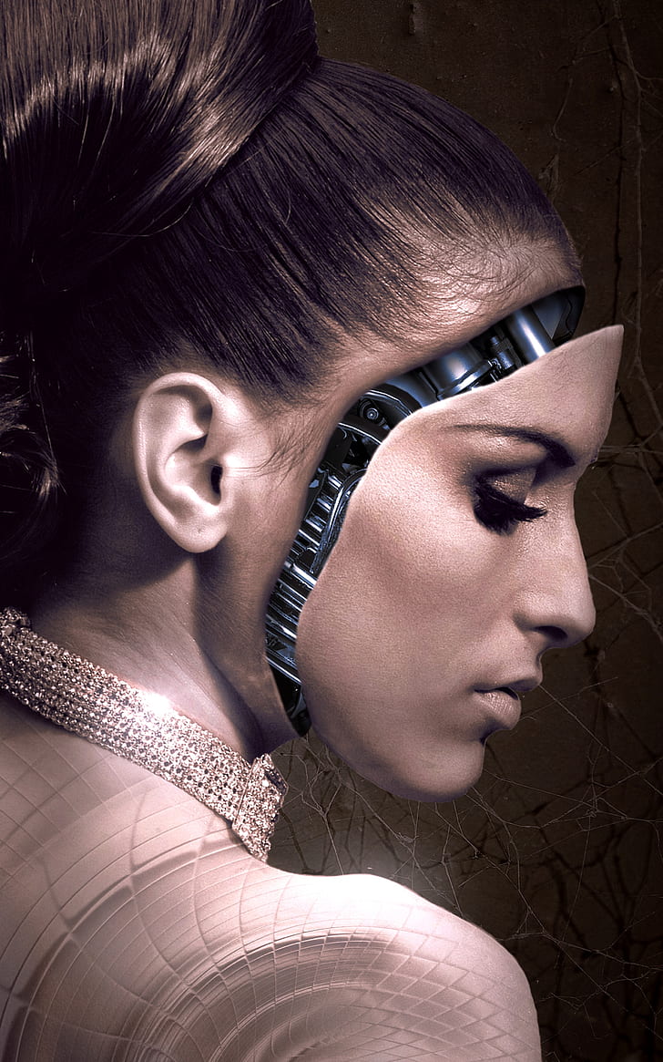 woman with robot face wearing gold-colored necklace