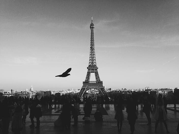 grayscale photo of crowd of people near Eiffel tower