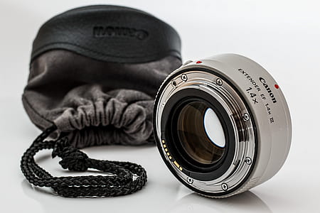 gray Canon zoom lens with bag