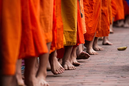 selective focus photography of monks feet