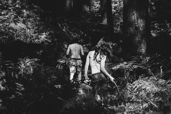 greyscale, picture, two women, woods, child, girl