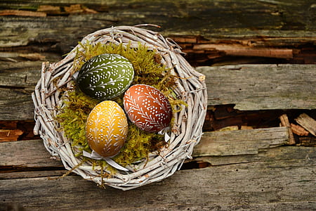 yellow, green, and red easter eggs on brown bird nest
