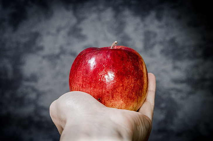 red apple on person's palm with gray background