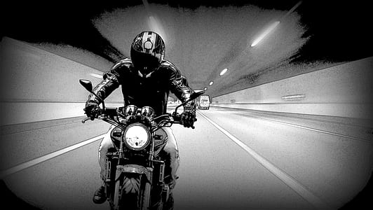 person on motorcycle black and white illustration