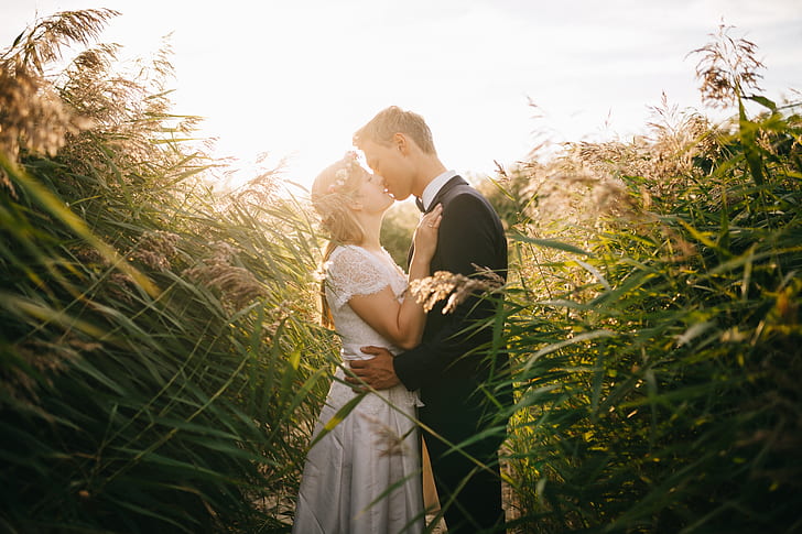 groom and bride kissing between green grasses