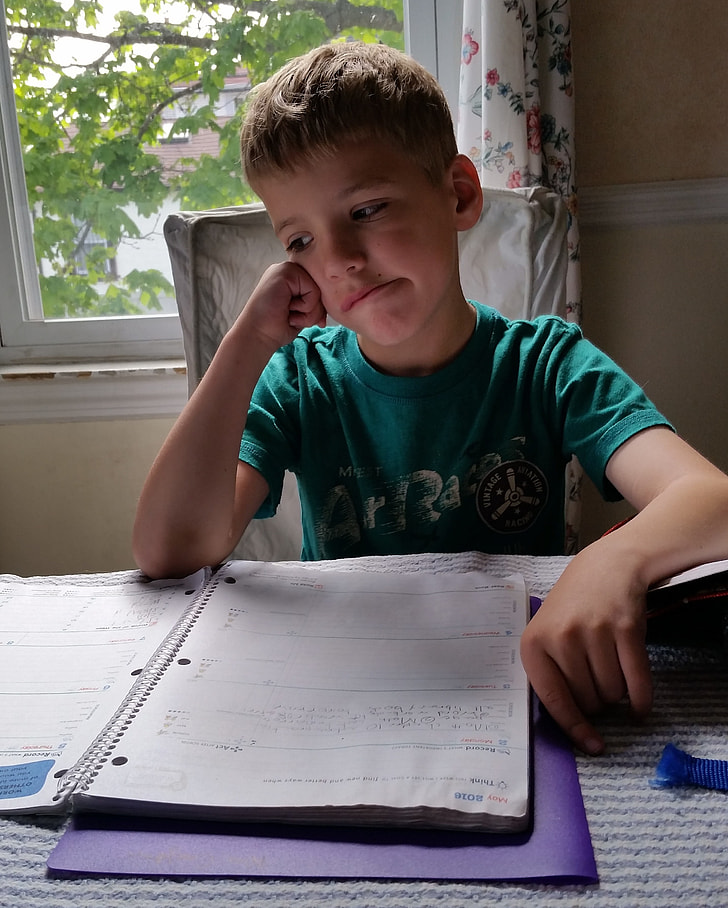 boy wearing green shirt sitting in front of table and spiral notebook