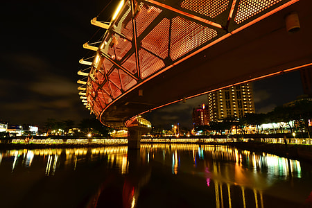 Modern bridge on a river at night