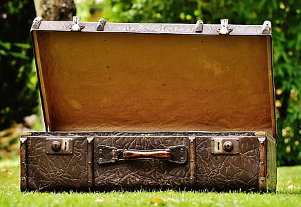 open brown leather suitcase on grass