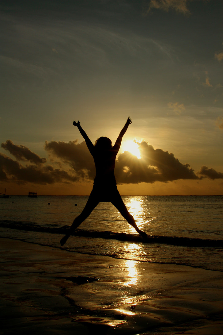 silhouette of person jumping on seashore during sunrise