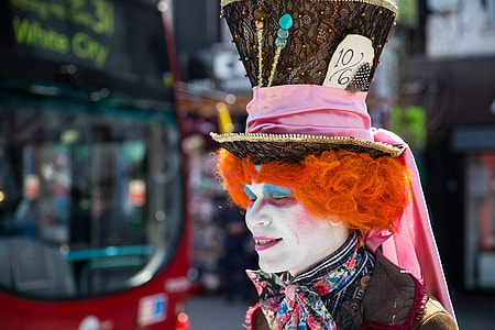 An eccentric gentleman, otherwise known as a weirdo in a silly hat, is captured on Camden High Street in London, England