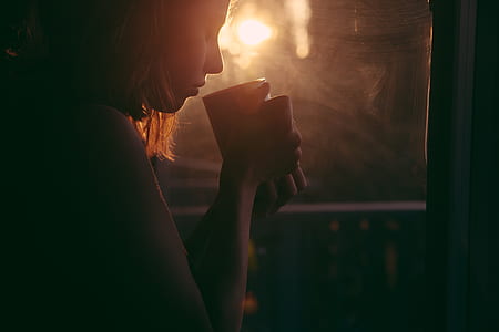 girl, drinking, tea, coffee cup, sunset, sad woman
