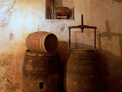 two brown wooden barrels