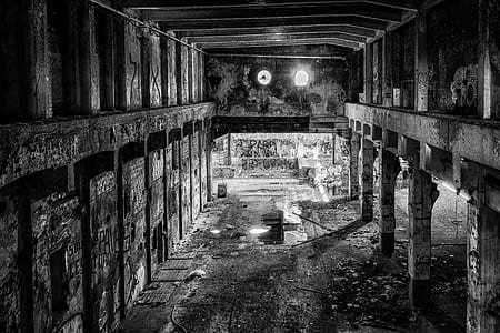grayscale photography of abandoned building