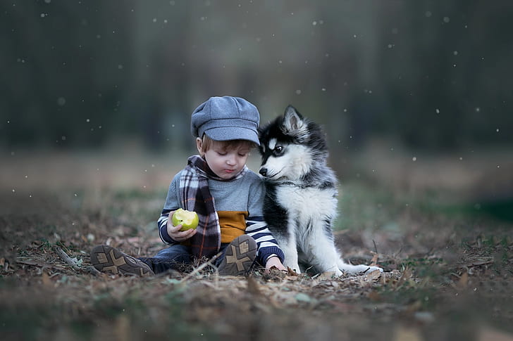 boy wearing gray sweater beside dog during daytime
