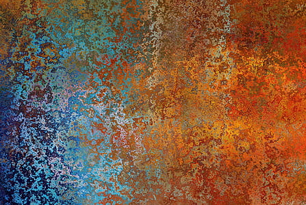 blue, orange, red, and teal abstract painting