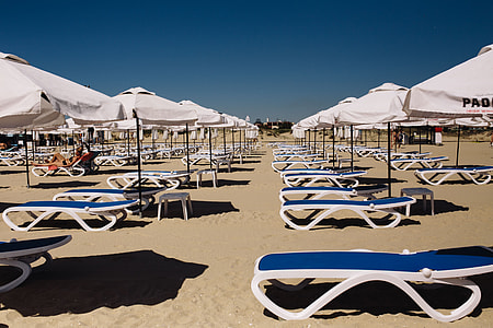 Umbrellas and lounge chairs on Sunny Beach, Bulgaria