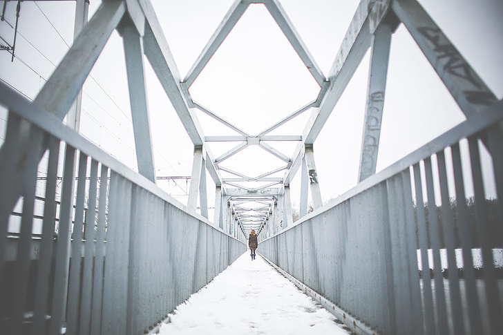 Girl Walking on Steel Bridge in Winter