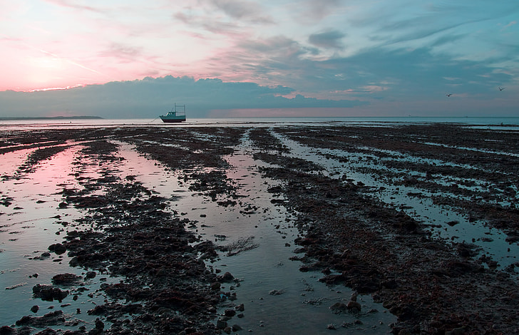 Wide-angle seascape shot captured at low tide on the coast of Whitstable, Kent, England