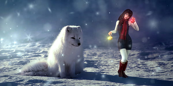 woman wearing black and red sleeveless dress with adult white fox standing on snow
