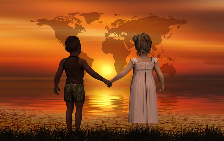 girl and boy holding each others hands while watching sunset