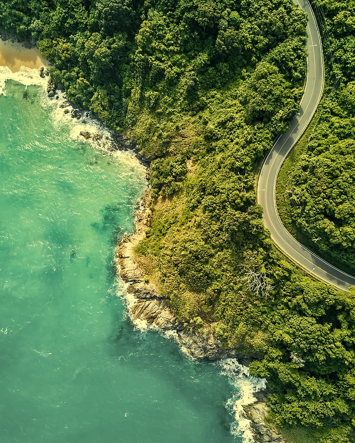 aerial photography of winding road near the sea