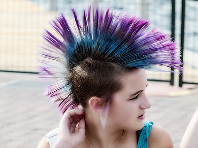 woman with purple and blue mohawk hairstyle