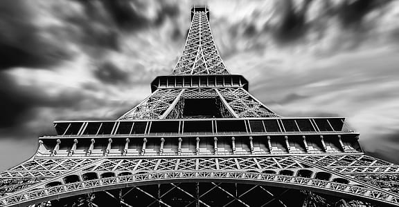 low-angle grayscale photo of Eiffel tower