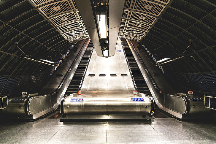 Wide-angle shot of an escalator on the London Underground