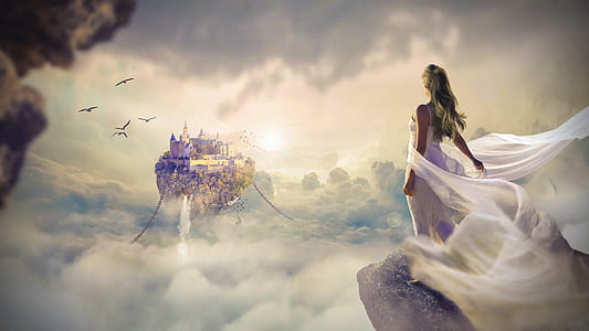 woman wearing white draped dress standing on cliff near clouds and floating castle digital wallpaper