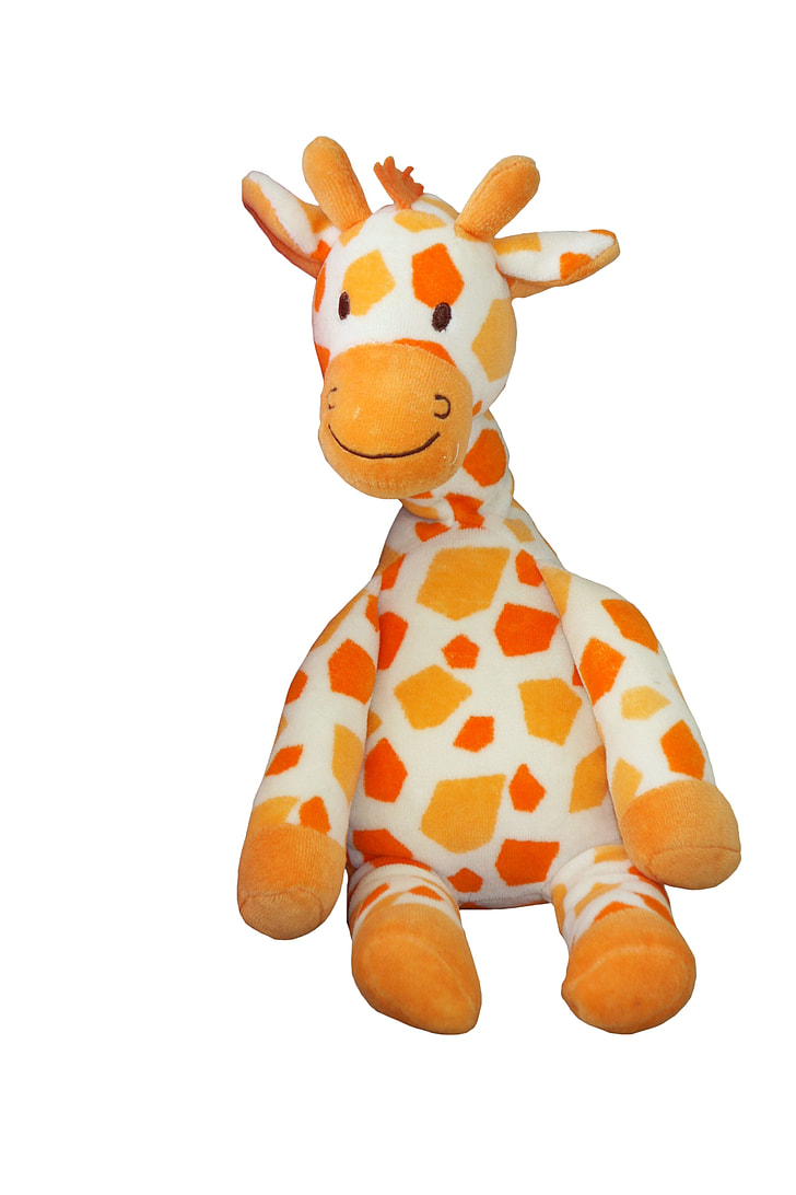 white, orange, and red giraffe plush toy