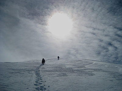 two person walking under white clouds