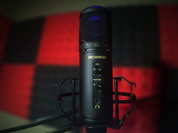 black and blue DC Master studio microphone