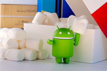 green Android logo holding marshmallow
