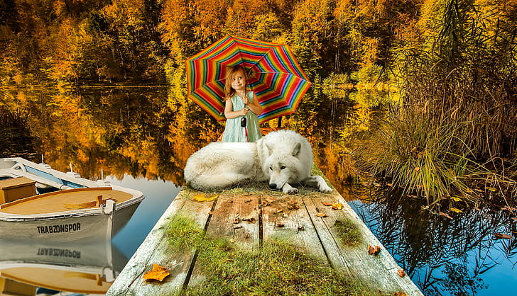 white dog and girl on brown wooden dock during daytime