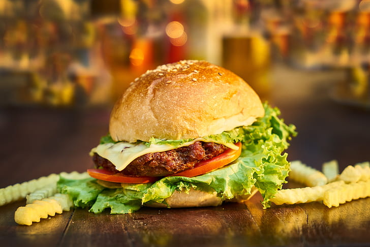 shallow focus photography of hamburger with tomato, lettuce, and cheese beside bunch fried fries