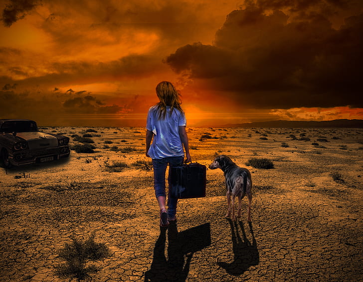 girl holding bag walking with dog digital wallpaper