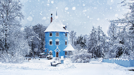 photo of blue house covered with snow