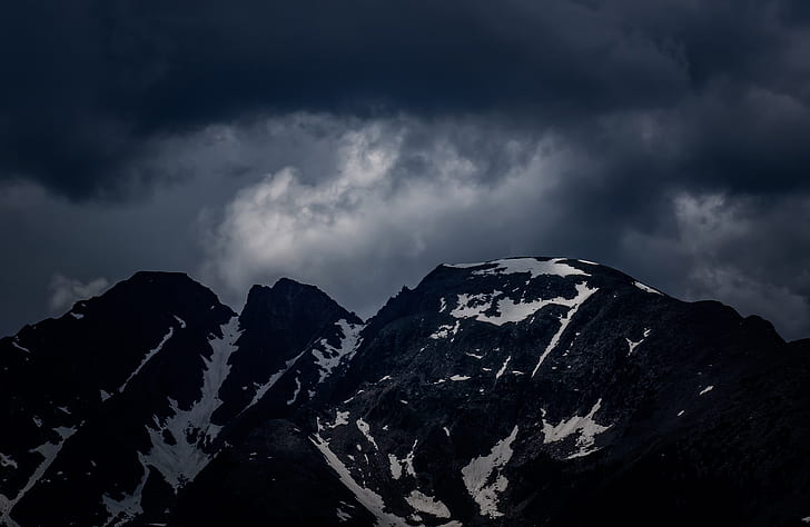 photography of snow coated mountains under nimbus clouds