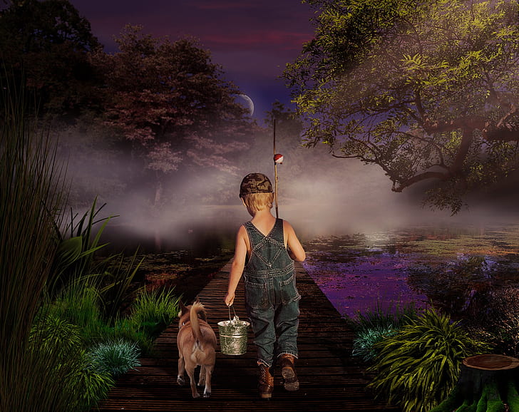 boy with a dog on dock during night time