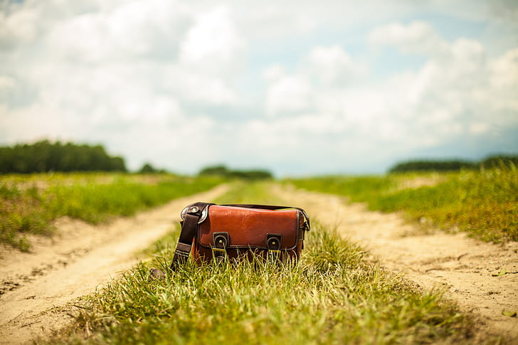 brown leather crossbody bag on green field