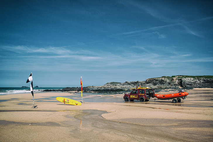 Lifeguard boat and surfboards on a beach in Cornwall in the South-West of England. Image captured with a Canon 5D