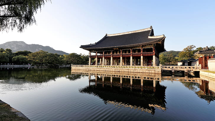temple with body of water